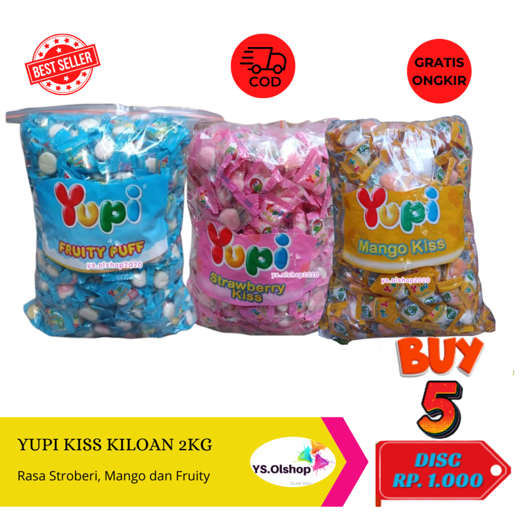 Aneka Yupi 2 KG 2Kg Yupi kiss Strawberry, Mango Kiss & Fruity Puff Kiloan asli Pabrik