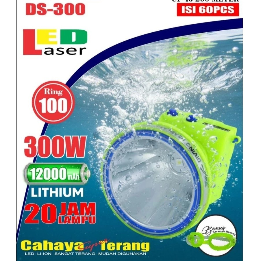 COD Senter Kepala Selam Dorras DS-300 Cahaya Putih 300W 12000mAh Super Terang - Tahan 20jam Waterpro