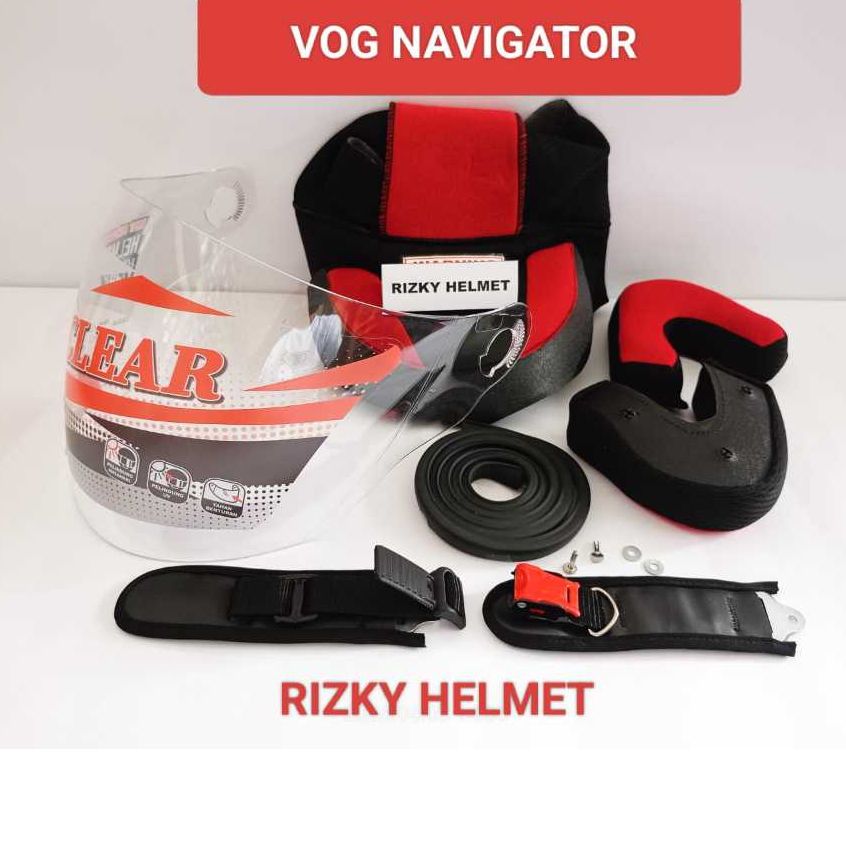 PAKET SPAREPART HELM VOG NAVIGATOR, busa Helm VOG NAVIGATOR + Kaca Helm + Lis Karet + Tali Helm + Pa
