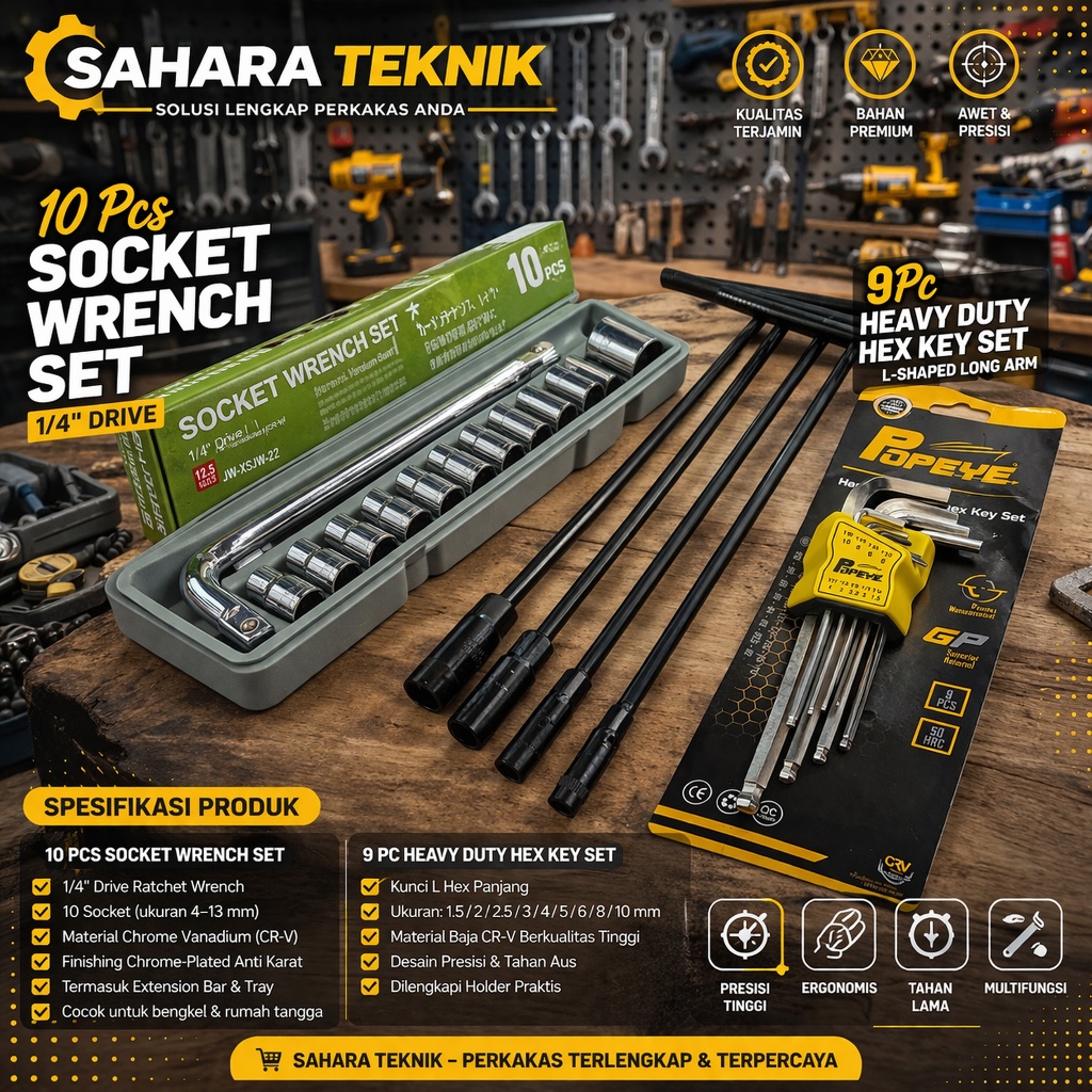 PROMO PAKET TOOLS SET / ALAT KUNCI  / KUNCI T 4 PCS 8,10,12,14 MM + KUNCI SHOCK 12 PCS 8-24 MM 6PT K