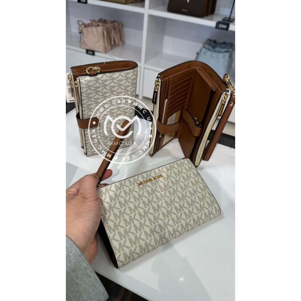 Tas Dompet MK Jet Set Large Double Zip Wristlet Tanda Tangan Original Baru 100%