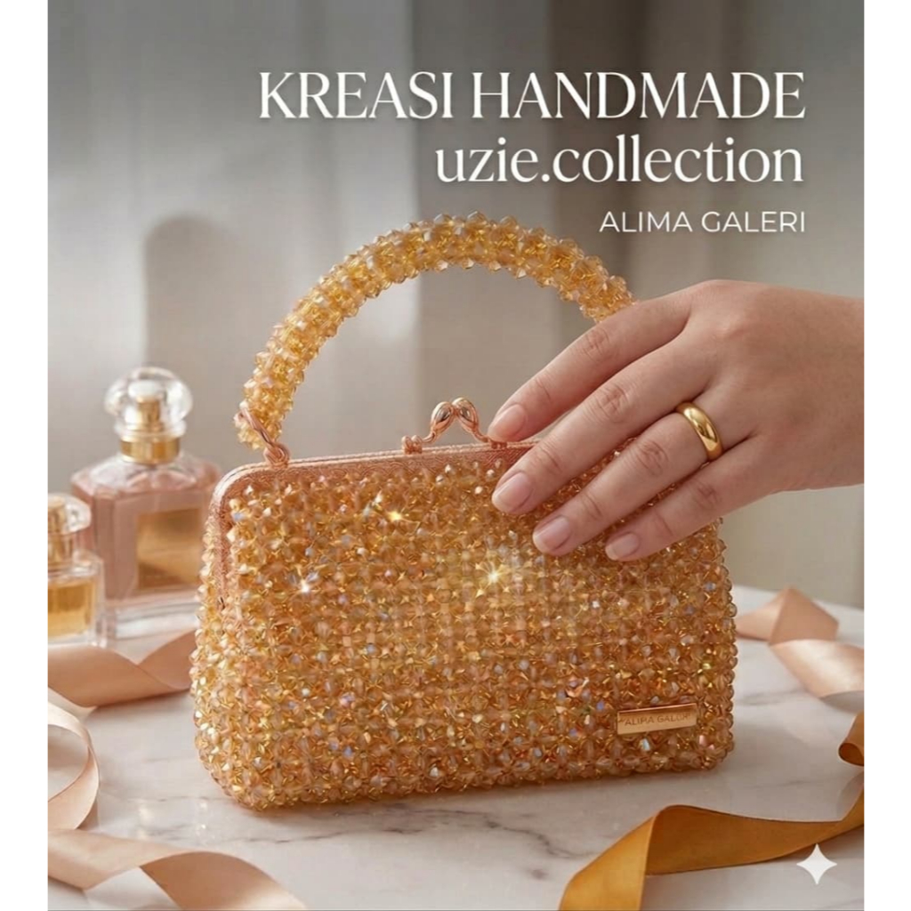 [READY STOCK] Tas Manik Handmade Mewah Gold - Beaded Bag Tas Pesta Kondangan Wanita - Alima Galeri u