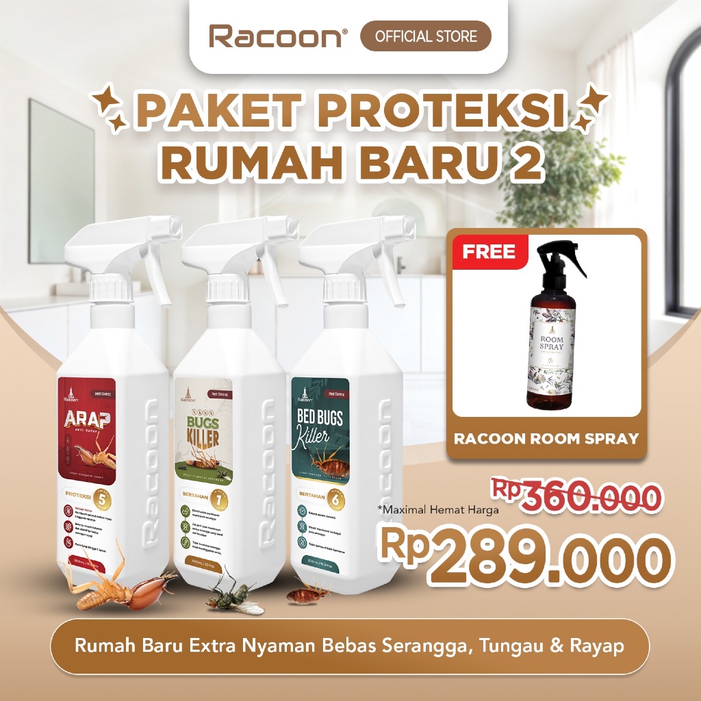 Racoon Paket Proteksi Rumah Baru 2 | Spray Anti Rayap , Anti Semut & Kecoa &  Anti Kutu Kasur