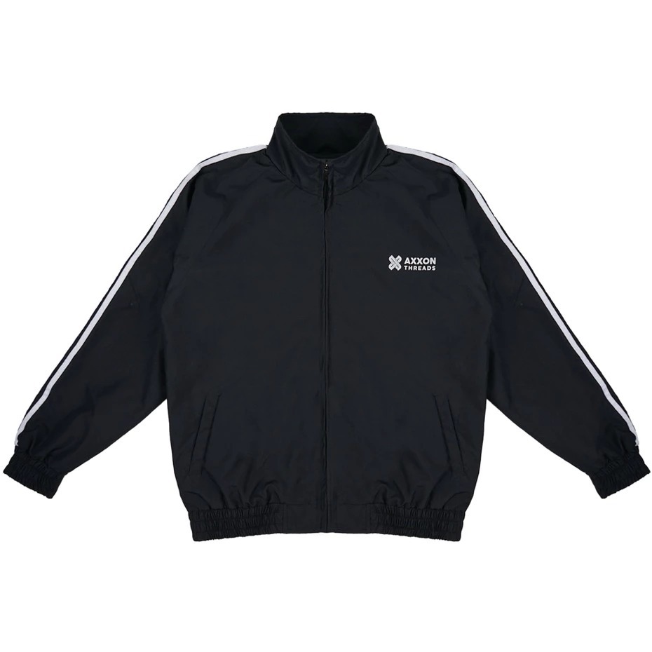 Jaket Tracktop Pria Parasut Taslan Water Resistant Anti Angin – Hitam Garis Putih Streetwear Outdoor