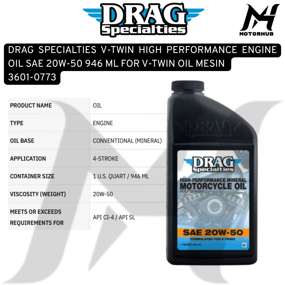 DRAG SPECIALTIES V-TWIN HIGH PERFORMANCE ENGINE OIL SAE 20W-50 946 ML FOR V-TWIN OIL MESIN 3601-0773