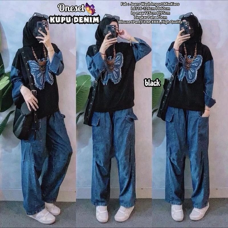 Setelan Wanita Korean Style One Set Kupu Denim WD Bahan Combad Mix Jeans LD 100 -130 Cm Size M - 3XL