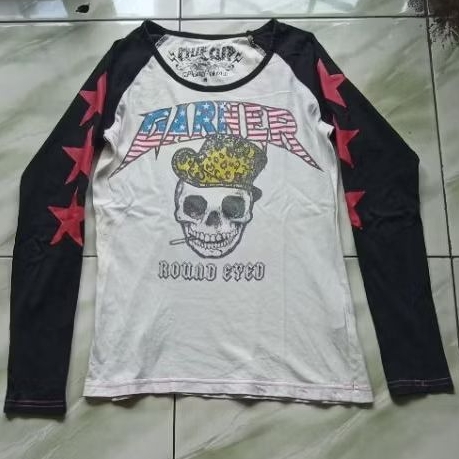 Kaos lengan panjang cewek Y2K Emo Skull Gothic