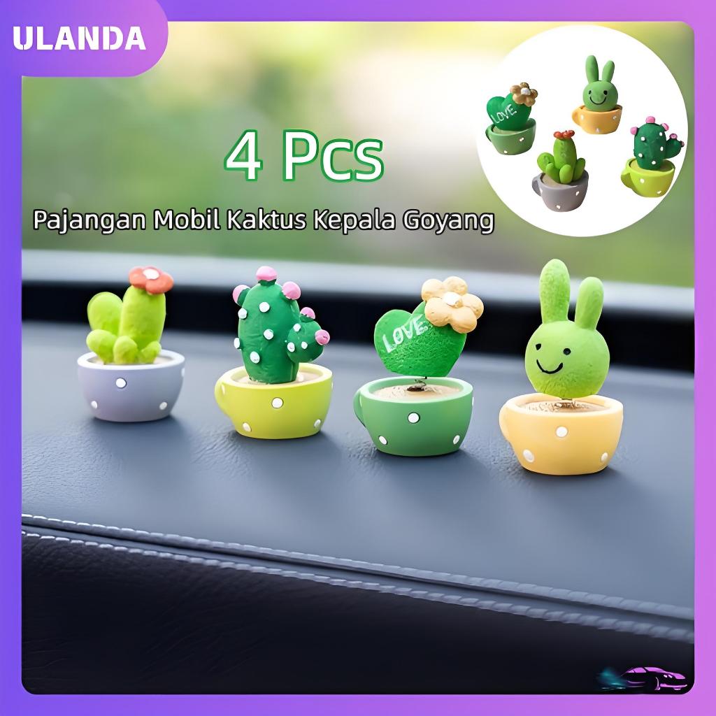 Pajangan Dashboard Mobil Kaktus 4 in 1 Kepala Goyang Hiasan Mobil Lucu untuk Dashboard, Aksesoris Mo