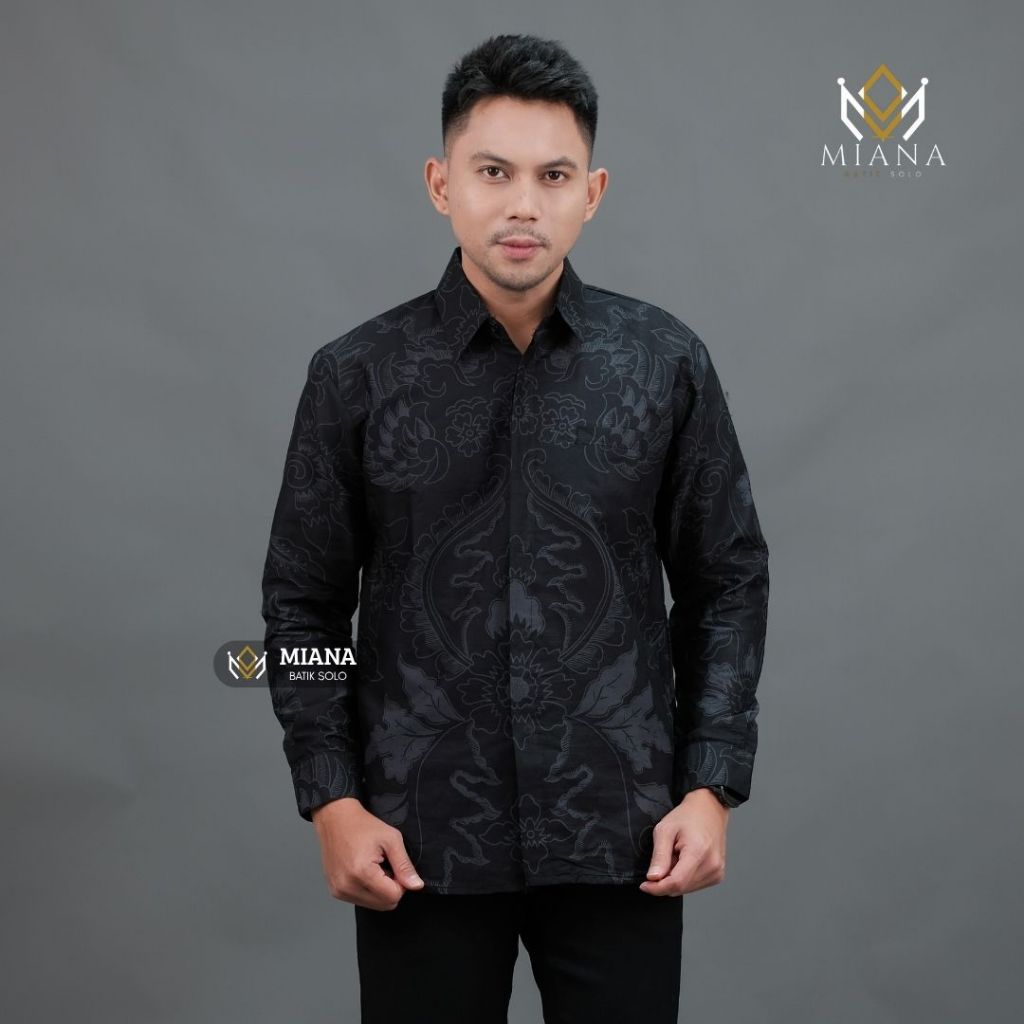 Kemeja Batik Pria Lengan Panjang Hitam MAHKOTA ABU Bahan Katun halus Slimfit Outfit Keren Cowok