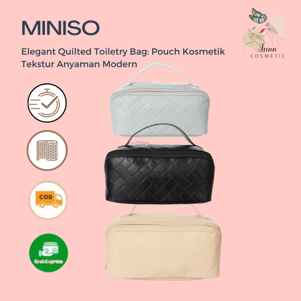 Miniso Elegant Quilted Toiletry Bag: Pouch Kosmetik Tekstur Anyaman Modern