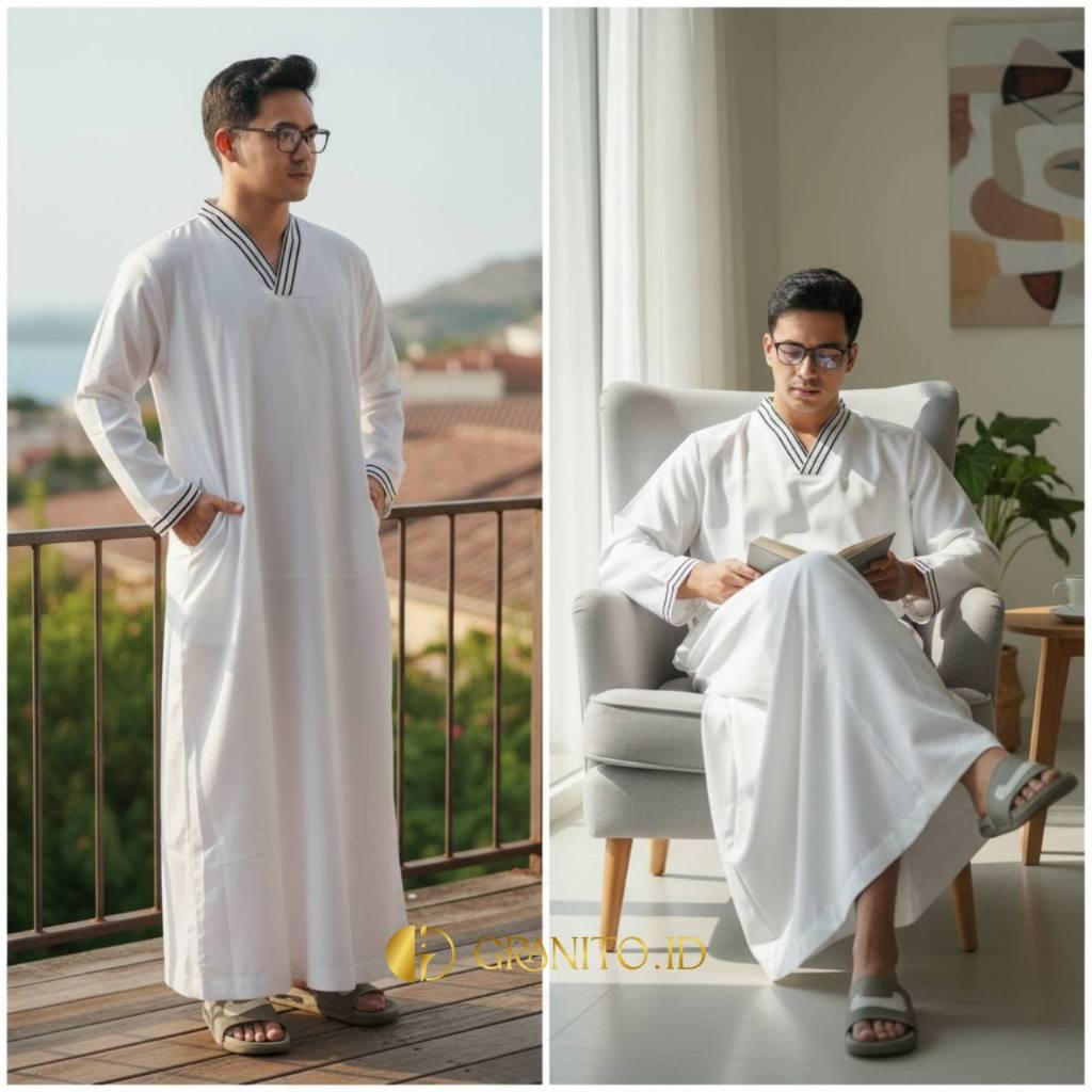 Baju Koko Jubah Gamis Rosal Pria Dewasa Lengan Panjang Warna Putih Tulang Cerah