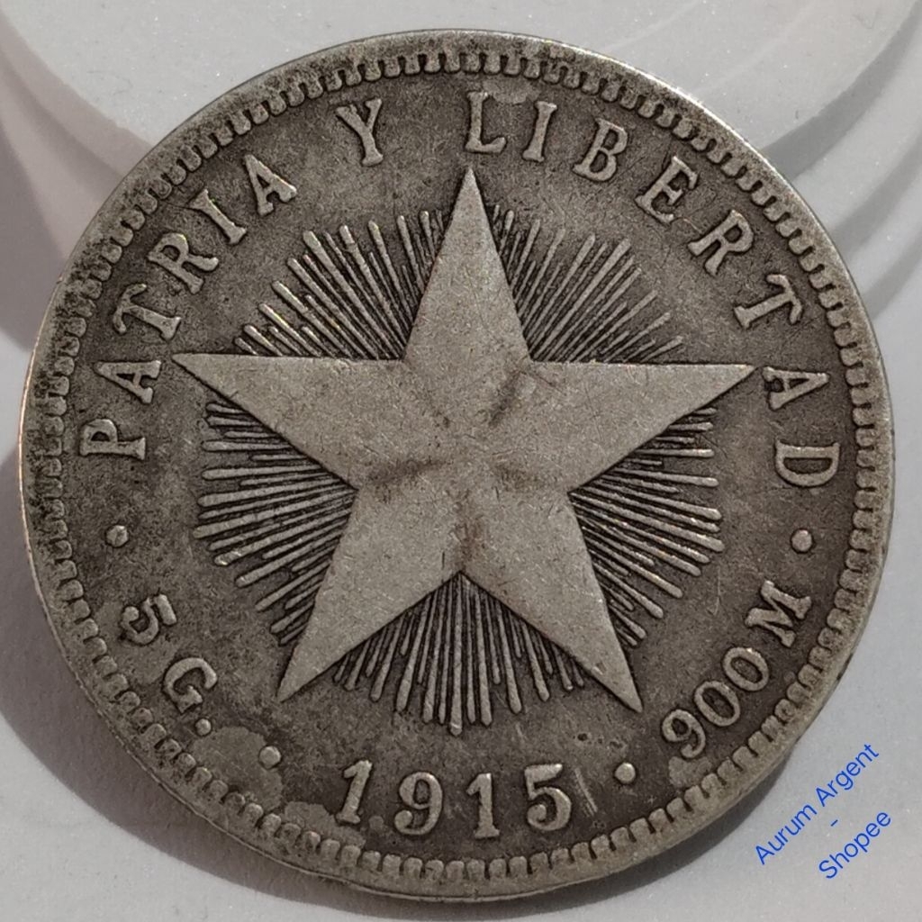 O.15-- 1 PC KOIN PERAK KUNO ASLI 20 CENTAVOS CUBA TH 1915. -- SILVER COIN --