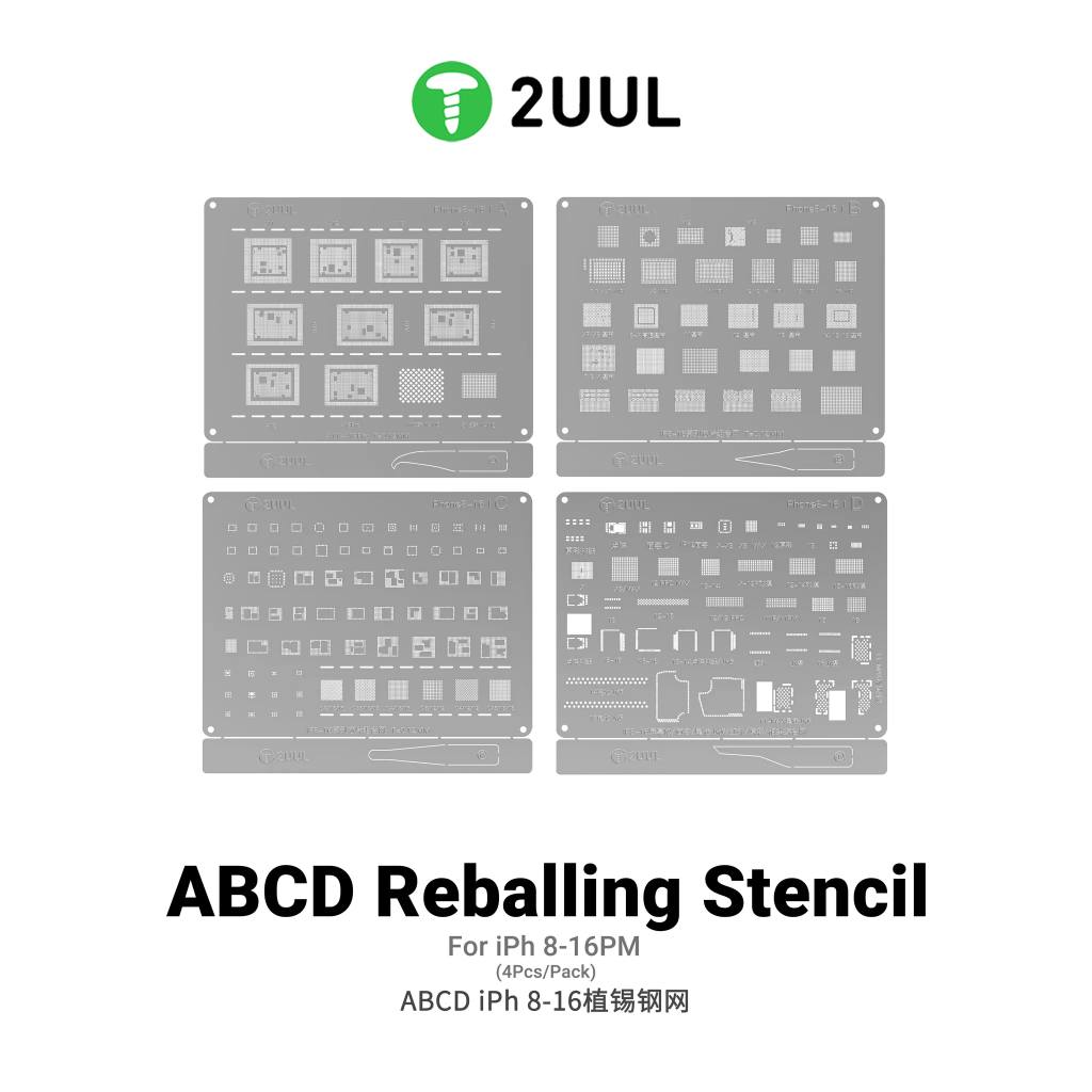 Cetakan Ic 2UUL BG01 ABCD Reballing Stencil for iPh 8-16PM (4pcs/pack) + 4 Mata Pisau