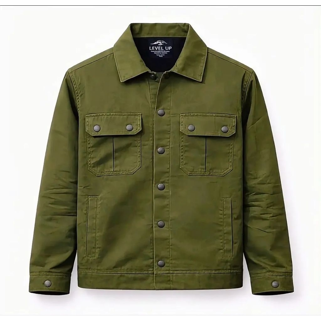 Jaket Kemeja Pria Semi Parka Hijau Army Casual Shirt Outdoor Slim Fit Kekinian