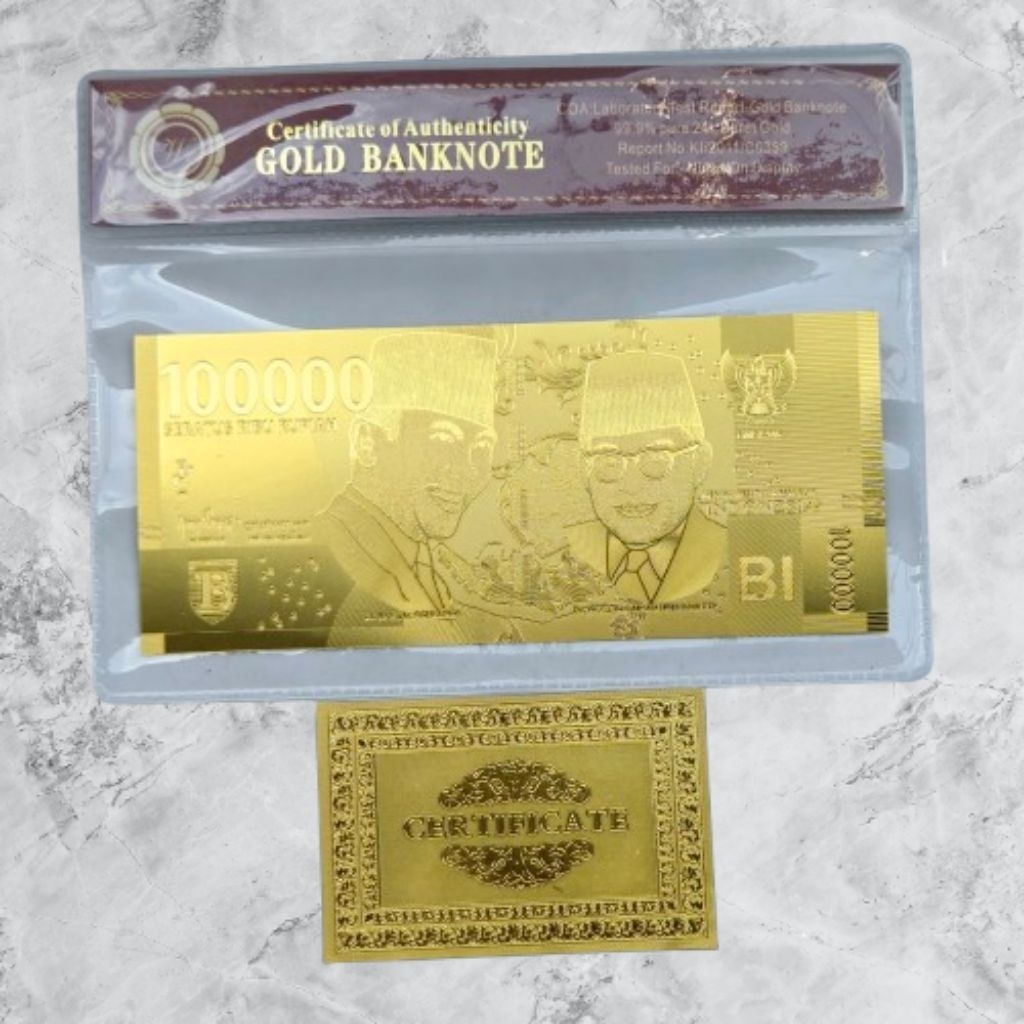 Uang Gold Foil Indonesia 100000 Soekarno Edisi Khusus Plus Fodder Sertifikat