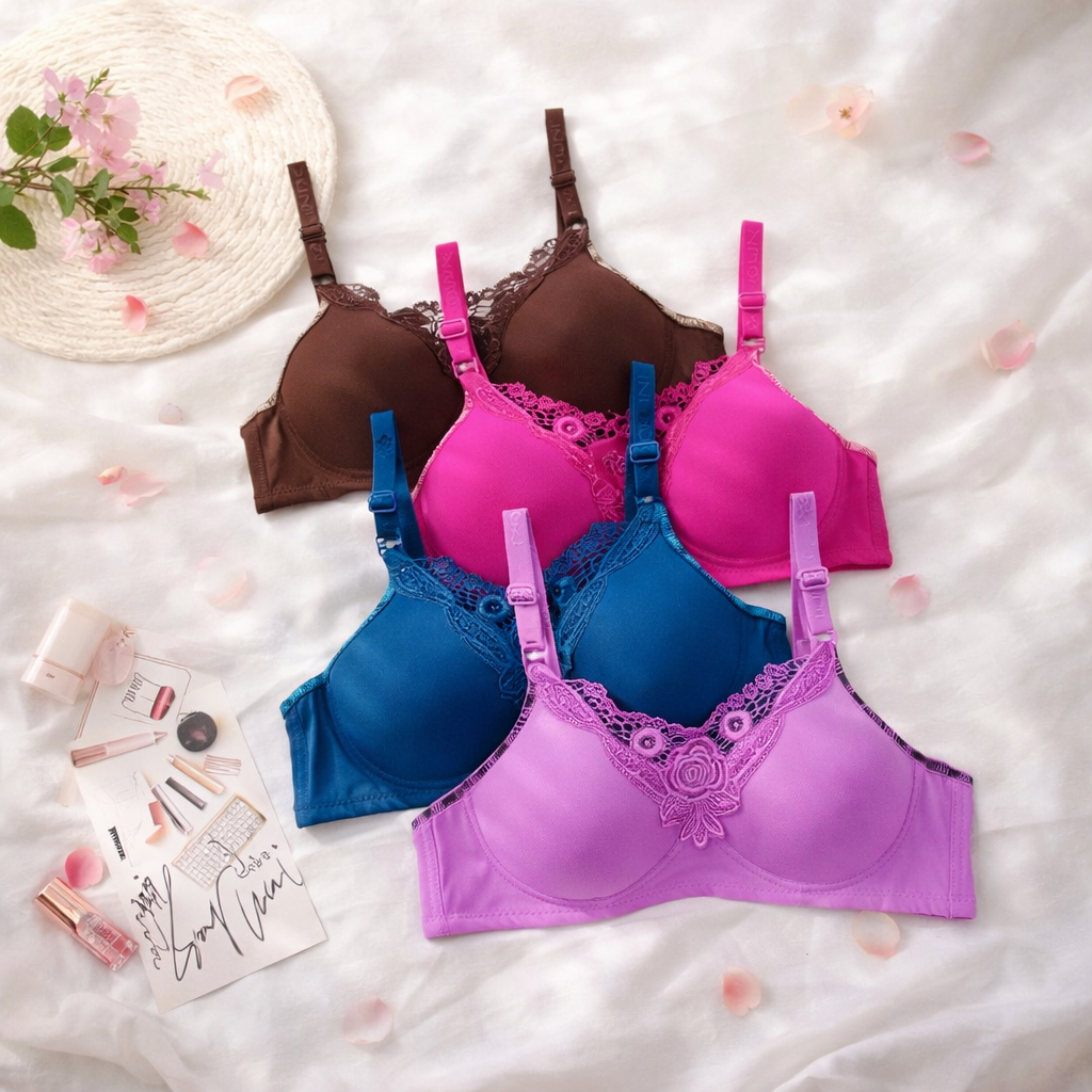 POLINI Bra Tanpa Kawat Busa Tipis Motif Renda Cup A/B B04