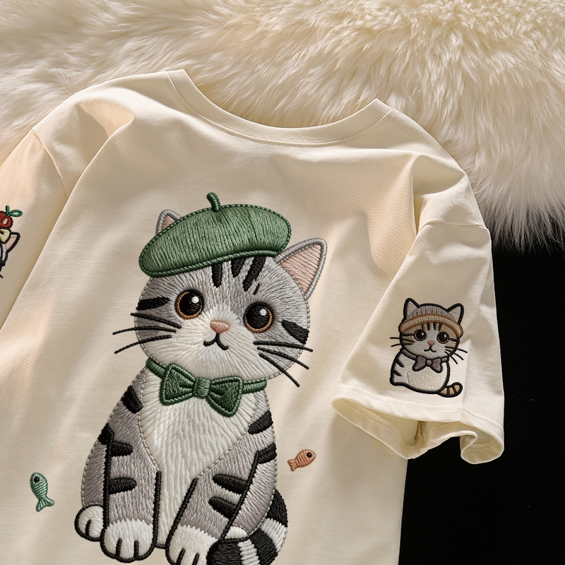 Po floret Kaos Wanita Korean Style Lengan Pendek Motif Kucing lucu kucing American Shorthair Tabby P