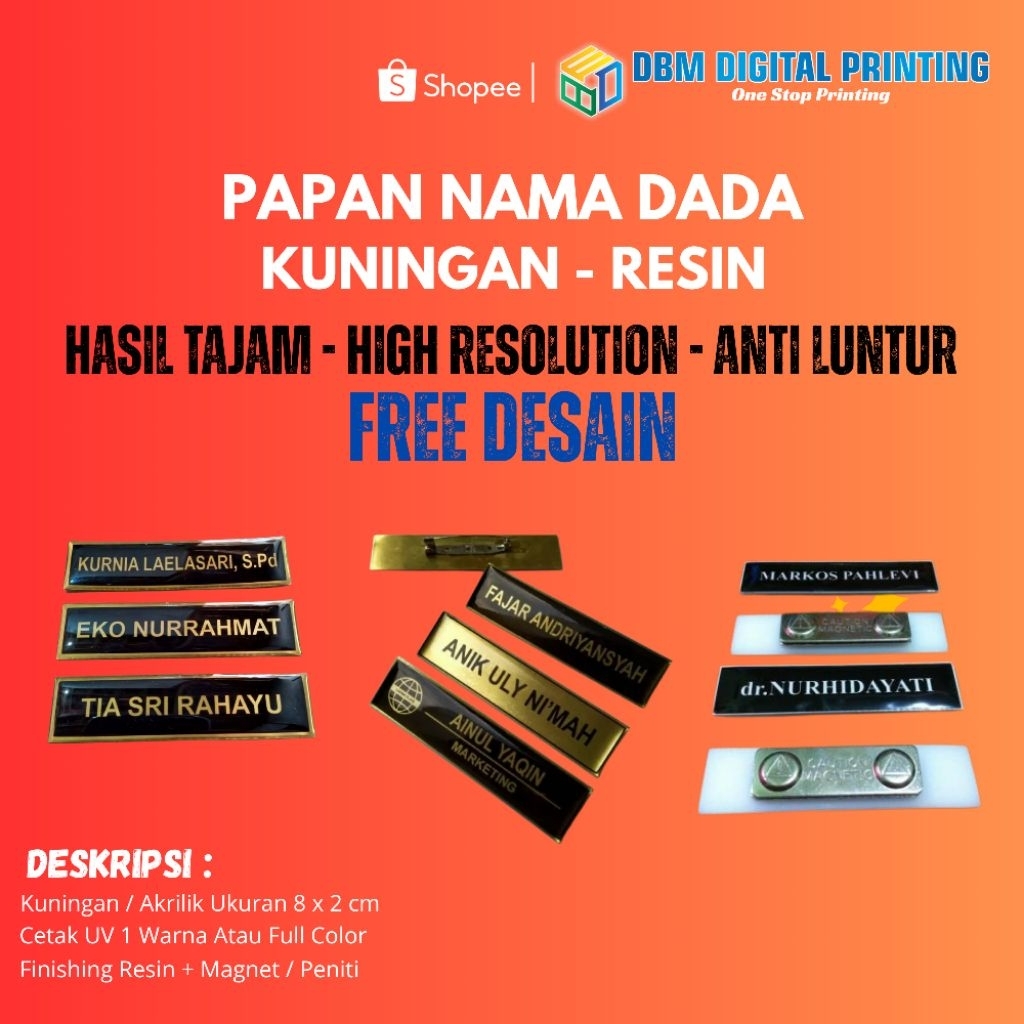 Siap 1 Hari. Pesan Sekarang, Besok Kirim. Nama Dada Kuningan/Akrilik Custom | Cetak UV + Resin | Mag