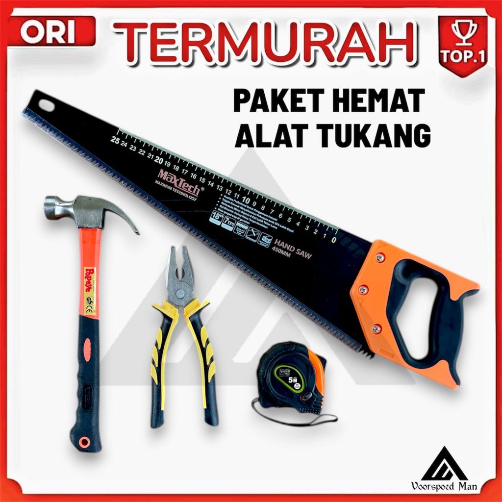 Paket Pertukangan 4 Pcs Gergaji kayu lipat Palu kambing 8Oz Tang kombinasi Meteran karet 5 metrer