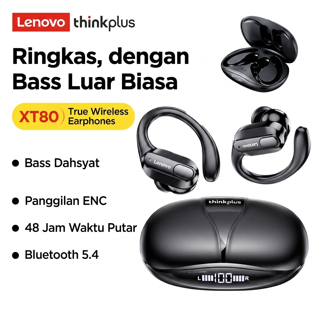 Lenovo ThinkPlus XT80 Earphone In-Ear Tipe Earhook, Aman Saat Olahraga Intens, Garansi 1 Tahun