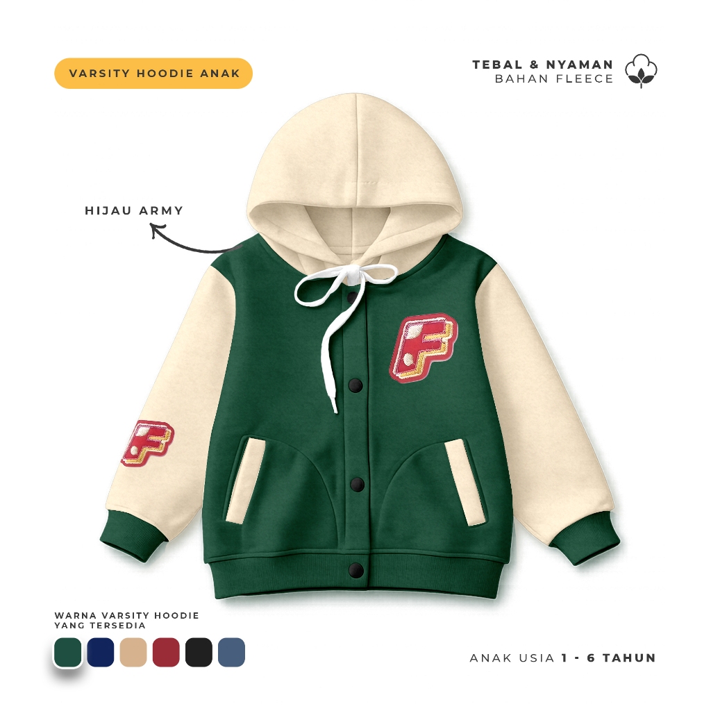 Jacket Varsity Hoodie Anak Varsity Hoodie Alphabet F Usia 1-6 Tahun