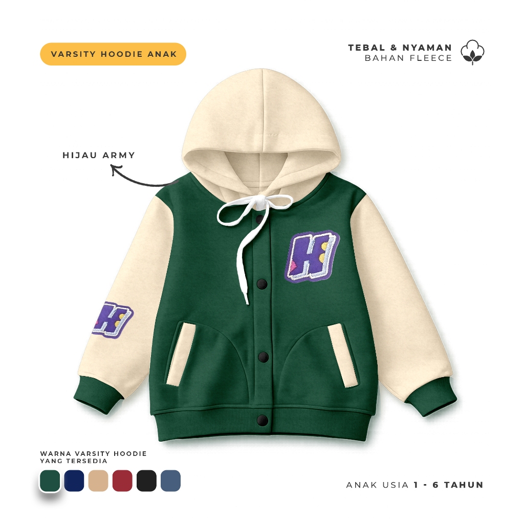 Jacket Varsity Hoodie Anak Varsity Hoodie Alphabet H Usia 1-6 Tahun