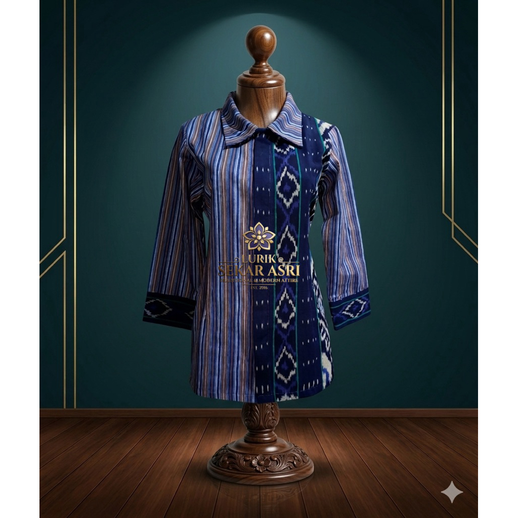 Blouse Lurik Batik Wanita Kombinasi Navy • Atasan Wanita Etnik Modern • Baju Kerja Batik Elegan Mode