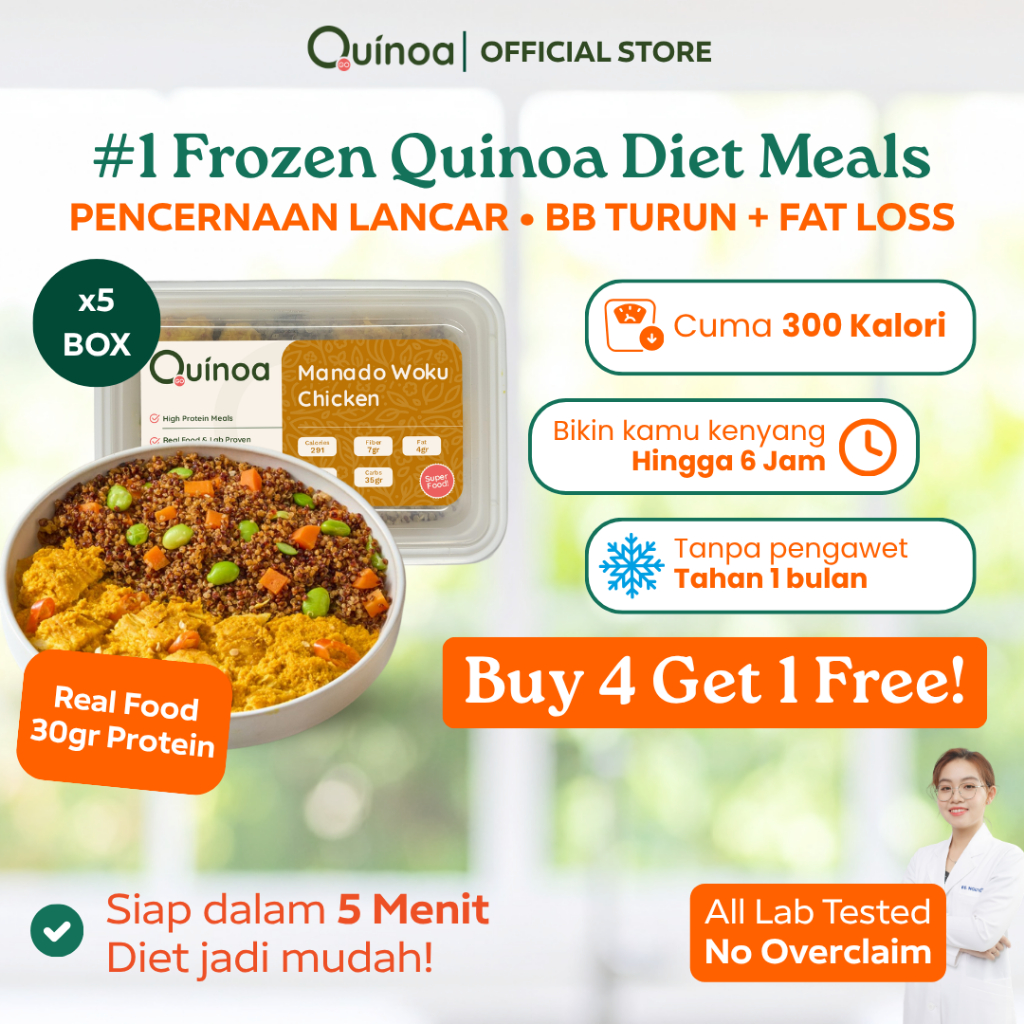 QUINOA GO Paket [Buy 4 Get 1 Free] Makanan Diet Sehat 300 Kalori - Frozen Meal Prep High Protein & F