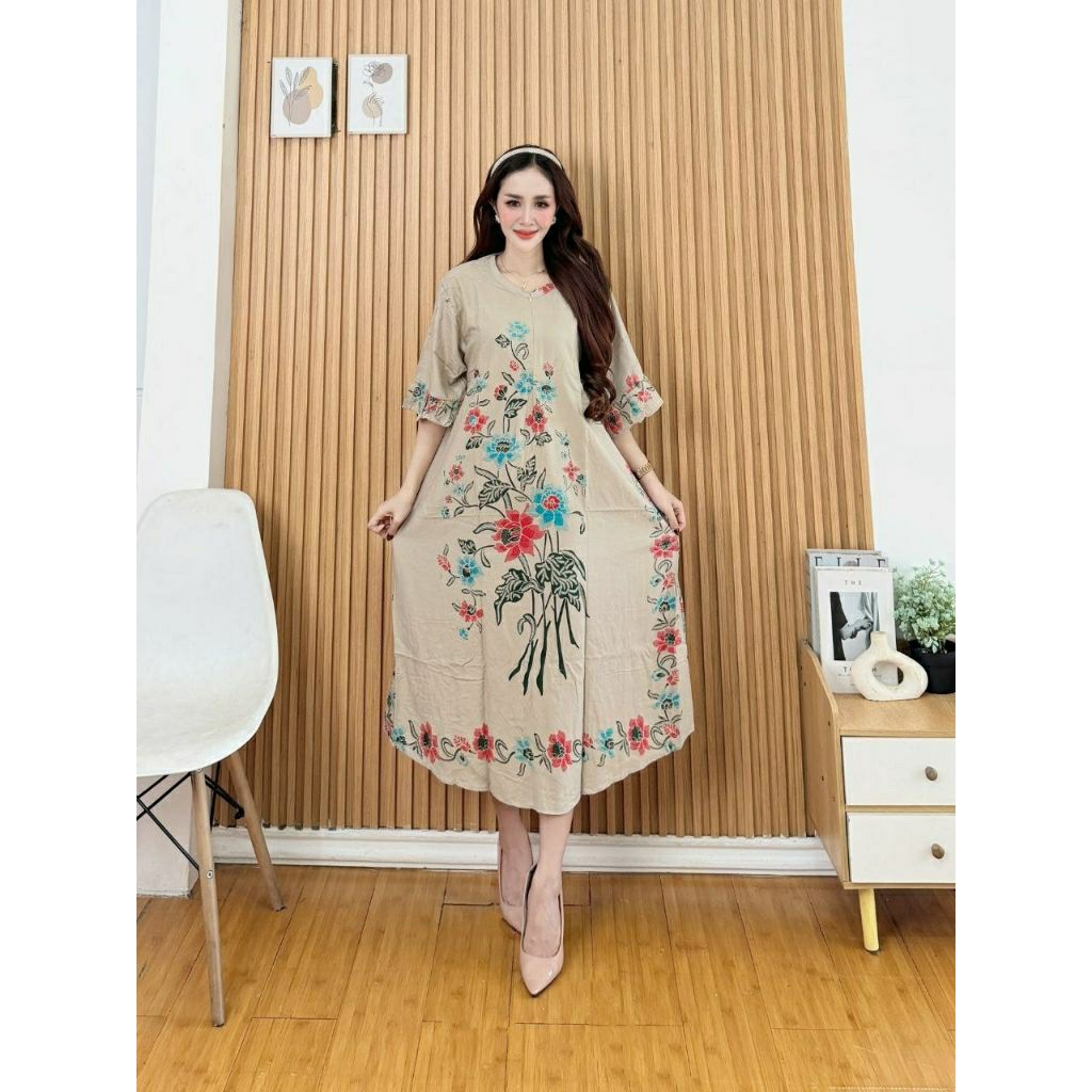Dress Wanita Motif Bunga Katun Premium Midi Dress Longgar Nyaman Casual Elegan