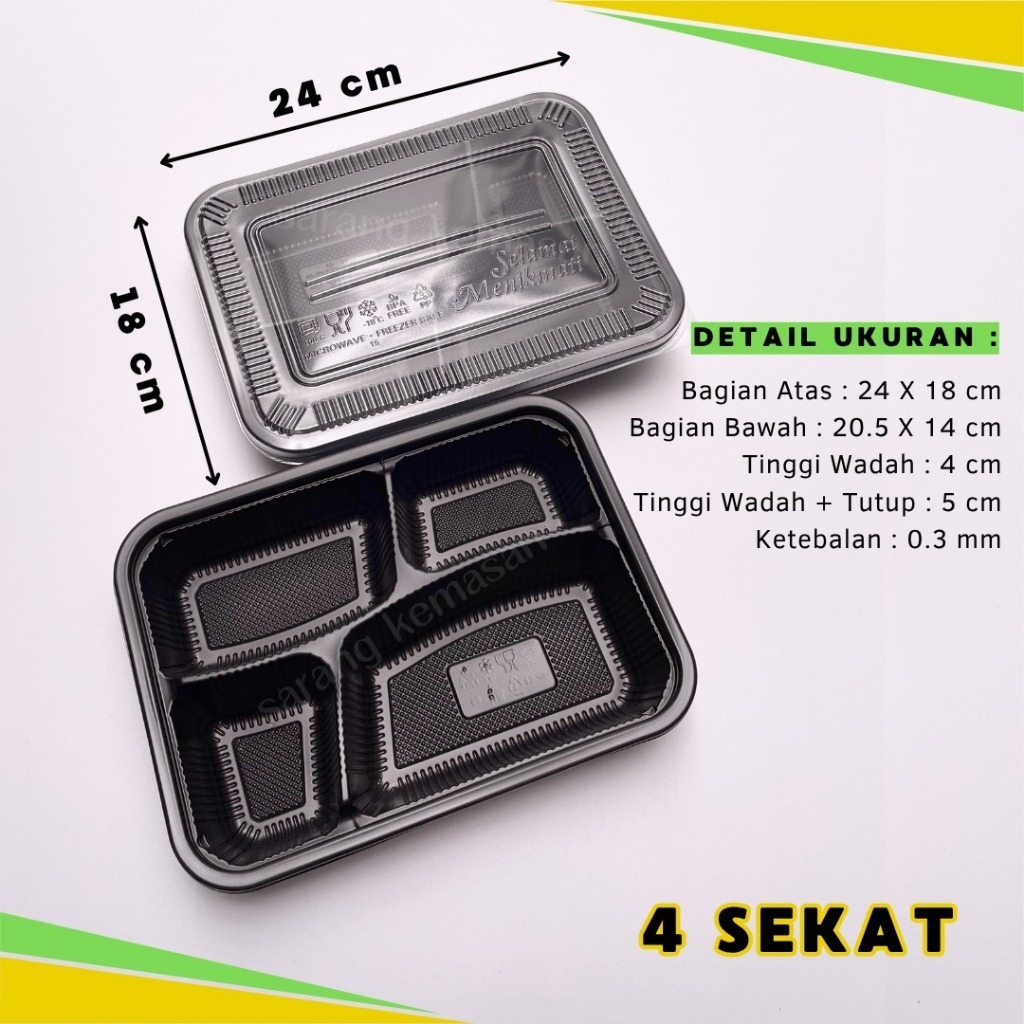Thinwall Bento TUPAI Hitam Sekat 4/ Thinwall Bento Hitam / Kotak Bekal Hitam / Isi 25pcs(PAK)