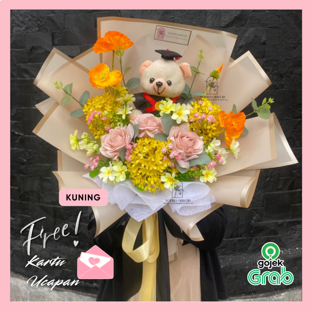 Buket Wisuda Cewe Bunga Artificial Ukuran Besar Kado Graduation Bouquets Cowo Free Boneka dan Kartu 