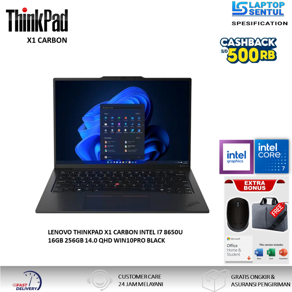 LENOVO THINKPAD X1 CARBON INTEL I7 8650U 16GB 256GB 14.0 QHD WIN10PRO BLACK SECOND