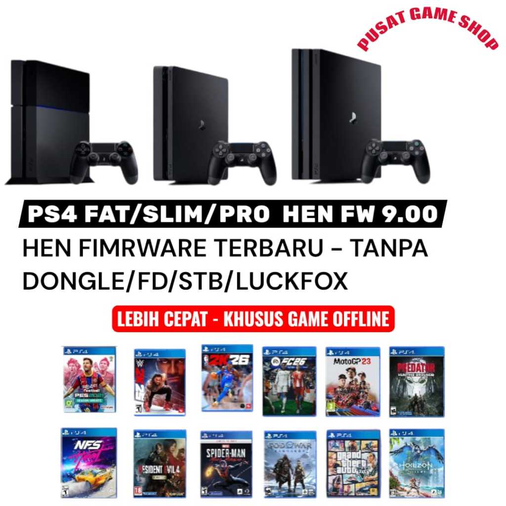 SONY PLAYSTATION /PS4 PRO-PS4 SLIM PS4 FAT HEN 9.00 FULL GAME OFFLINE+2 KONTROLLER WIRELESS GAME BIS