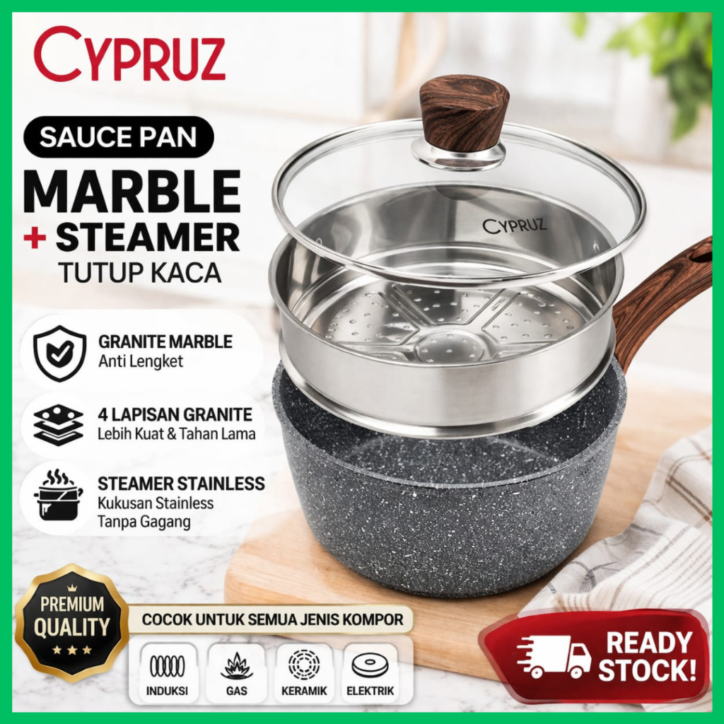 Cypruz Sauce Pan Marble 18cm Tutup Kaca + Steamer Kukusan Panci Susu Anti Lengket Marble Series SNI