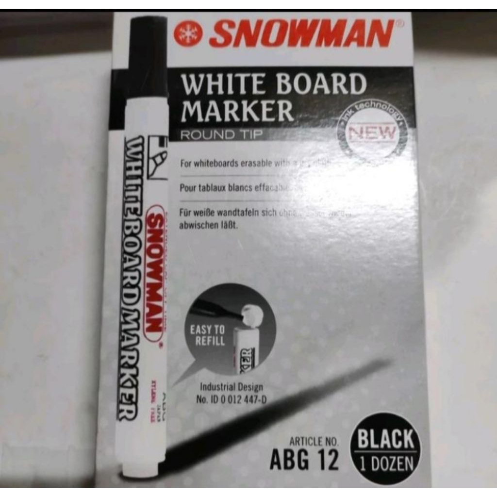 1 Pack Spidol Whiteboard Snowman BG-12 Hitam Bisa Diapus