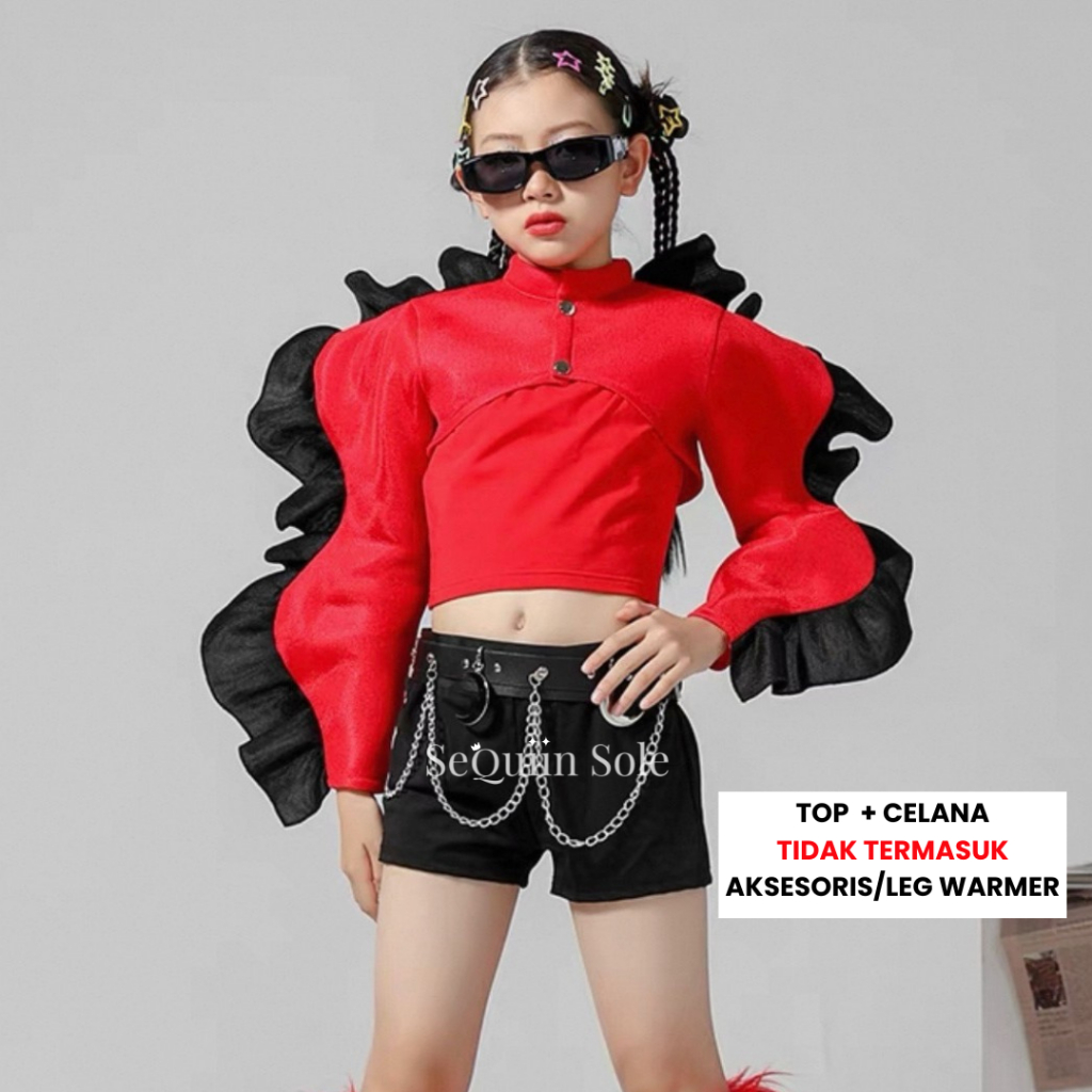 Sequiin Sole Red Black Puff Top Kids Dance Costume/Set Baju Dance Anak Hip Hop/Kpop Anak