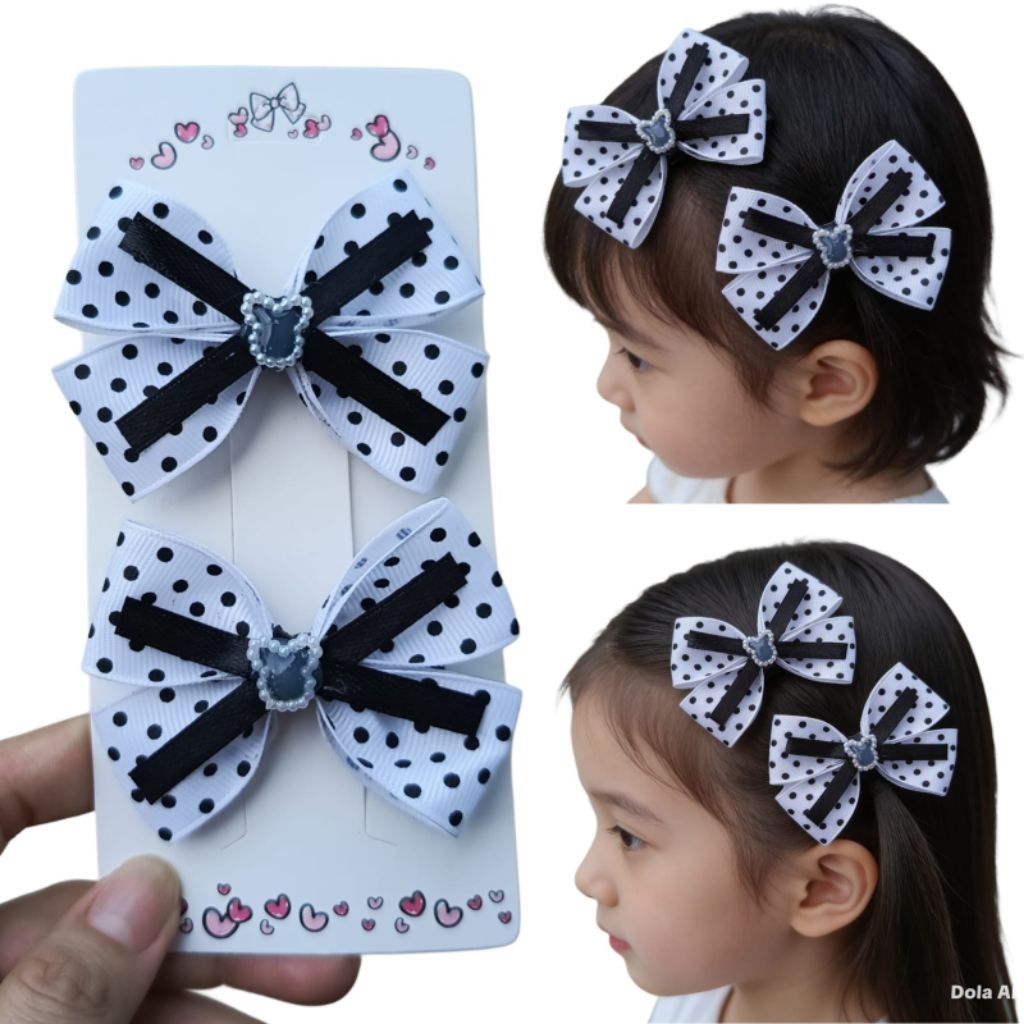 Set jepit pita rambut anak polkadot hitam putih