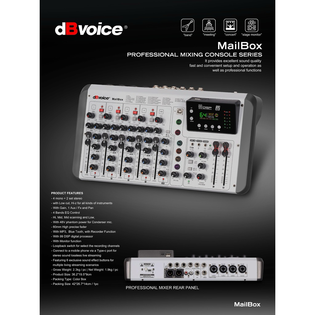 Mixer dB Voice type MailBox Mixer 6 Channel New Compressor HPF OTG all XLR
