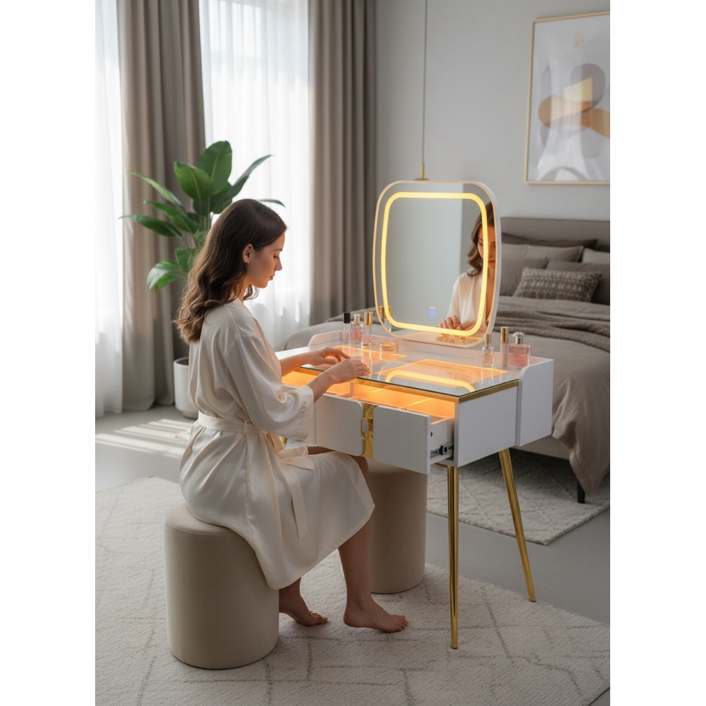 MEJA RIAS KACA SEGI LED 9926 + Kursi Puff bulat