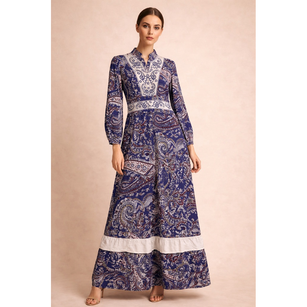 Dress Midi Batik Paisley Wanita Lengan Panjang Vintage Chic