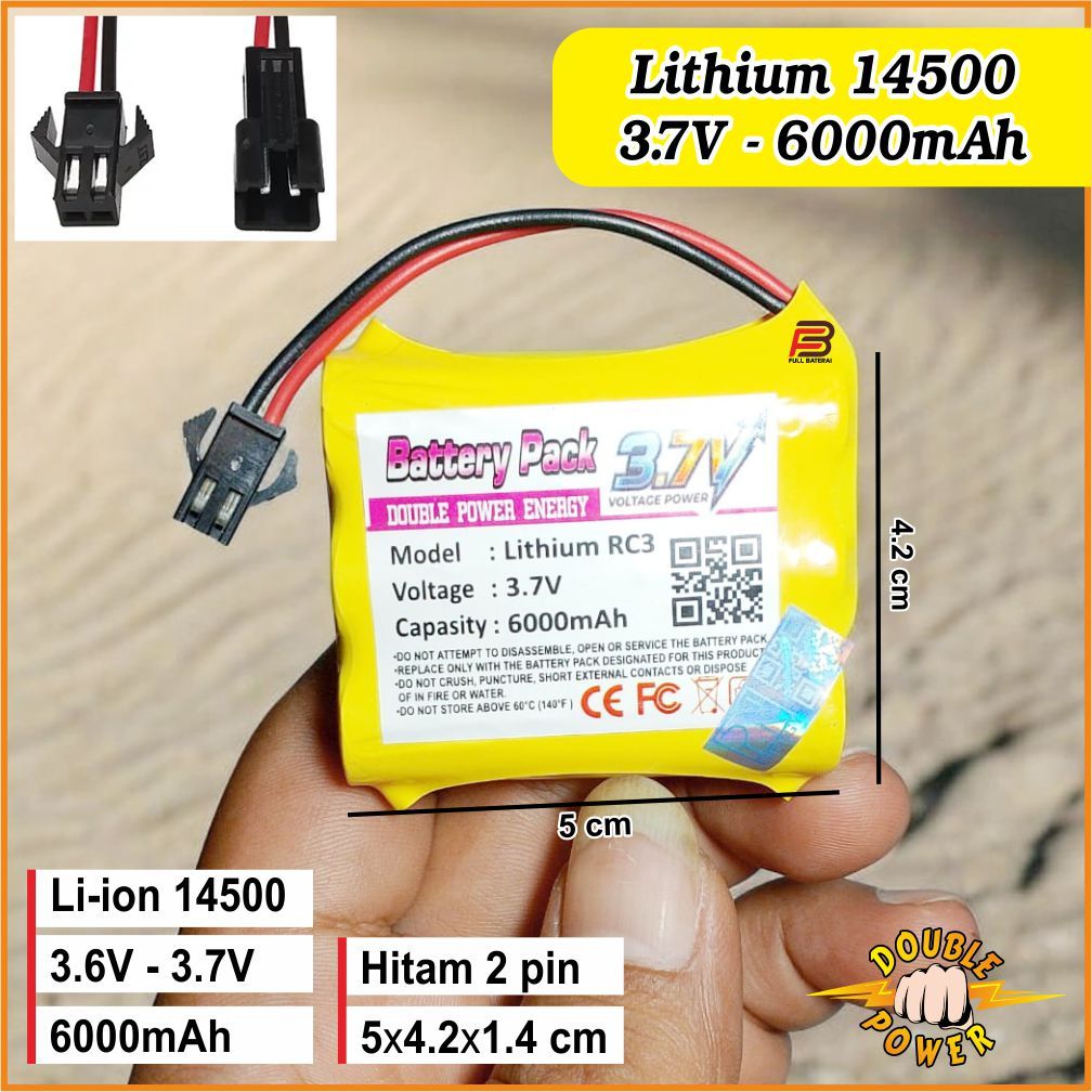 Batre Mobil RC Batre Mainan Anak RC , Rc3 Lithium 14500 3.6V sampai 3.7V - 6000mah Soket Hitam 2 pin