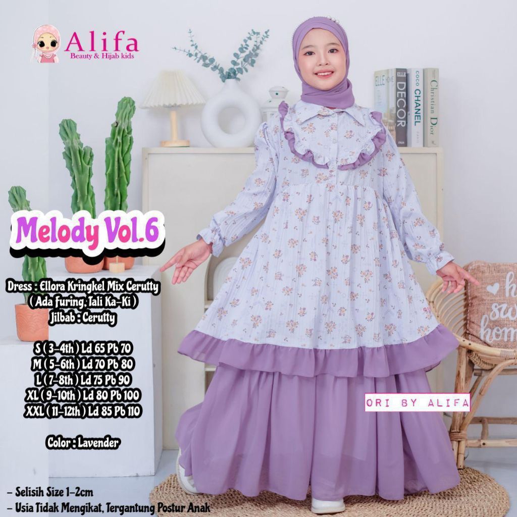 Melody Set Kids Vol 6 Original Product By Alifa setelan Gamis Anak Usia 3-12 Tahun Bahan Elorra Krin