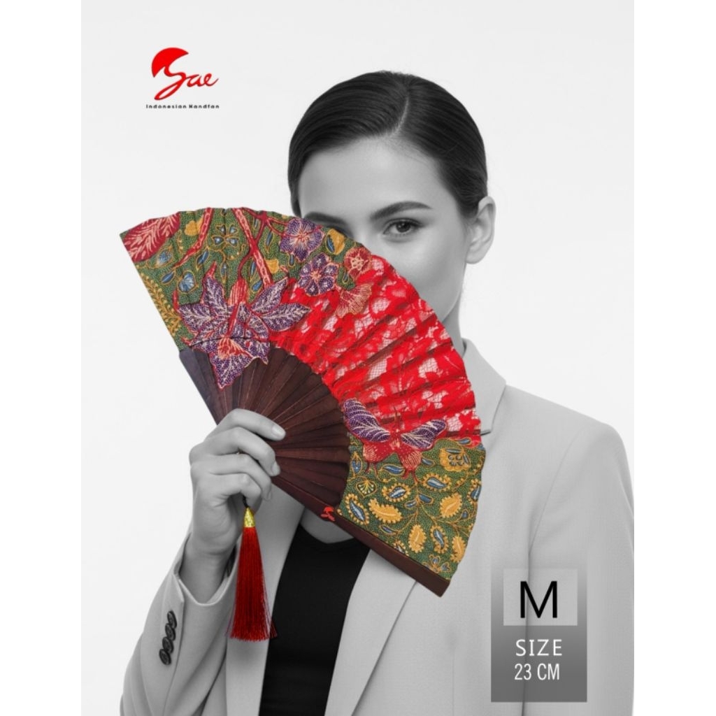 Sae Kipas Lipat Kayu Premium Size M 23cm Batik Tulis Lawas 3N Mix Brokat