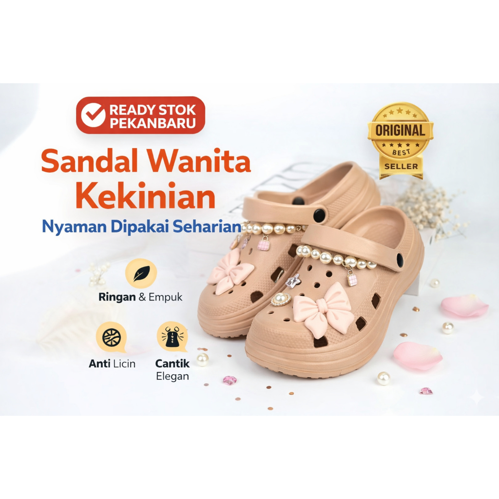 Sandal Wanita Jelly Kekinian Sandal Crocs Wanita Hias Pita Lucu Nyaman Ringan Anti Licin