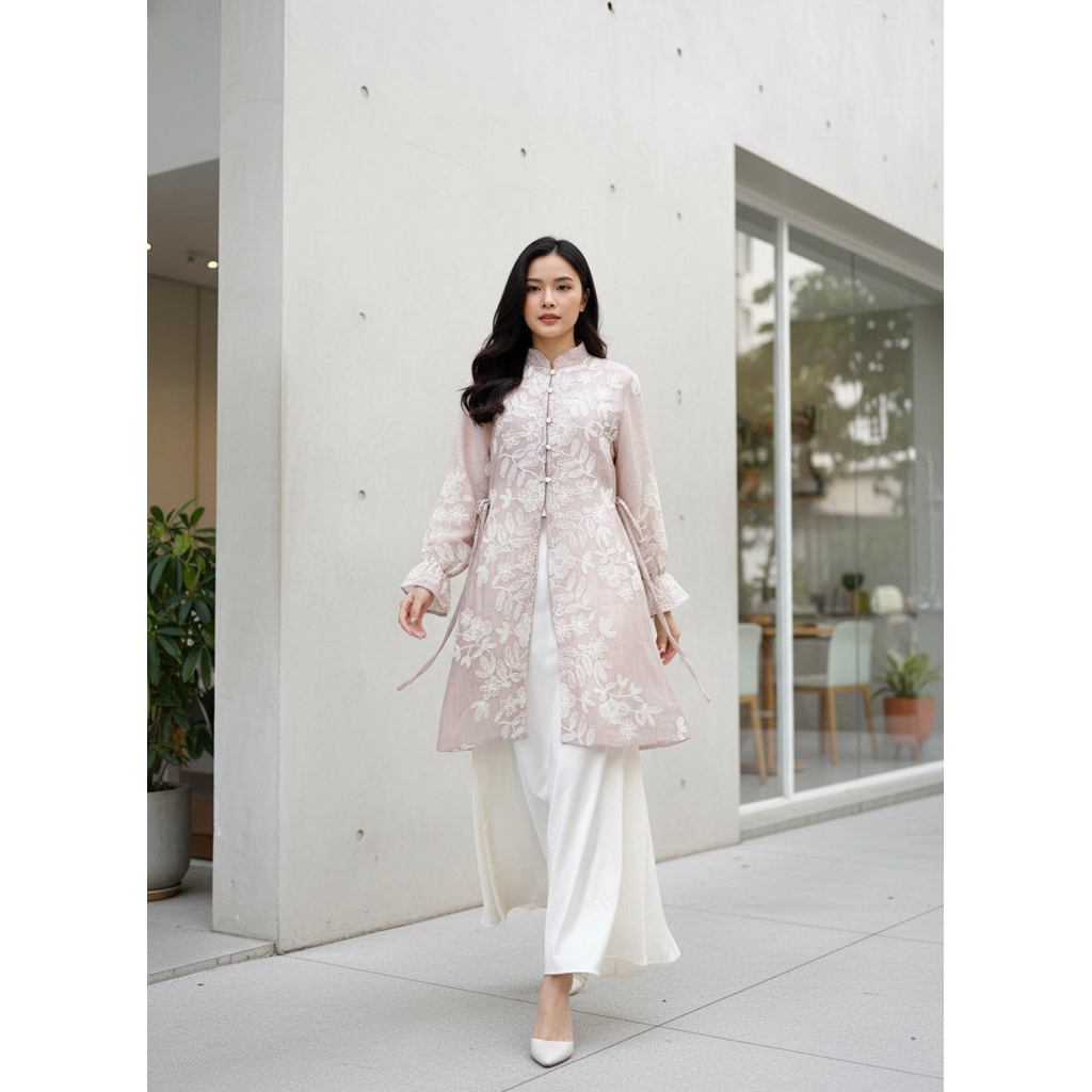 Tunik Wanita Elegant Cantily Tunik Premium Embroidery Setelan Rok Tunik Melayu