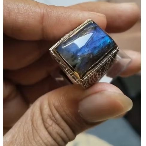 Batu cincin kotak labrador klep biru Natural