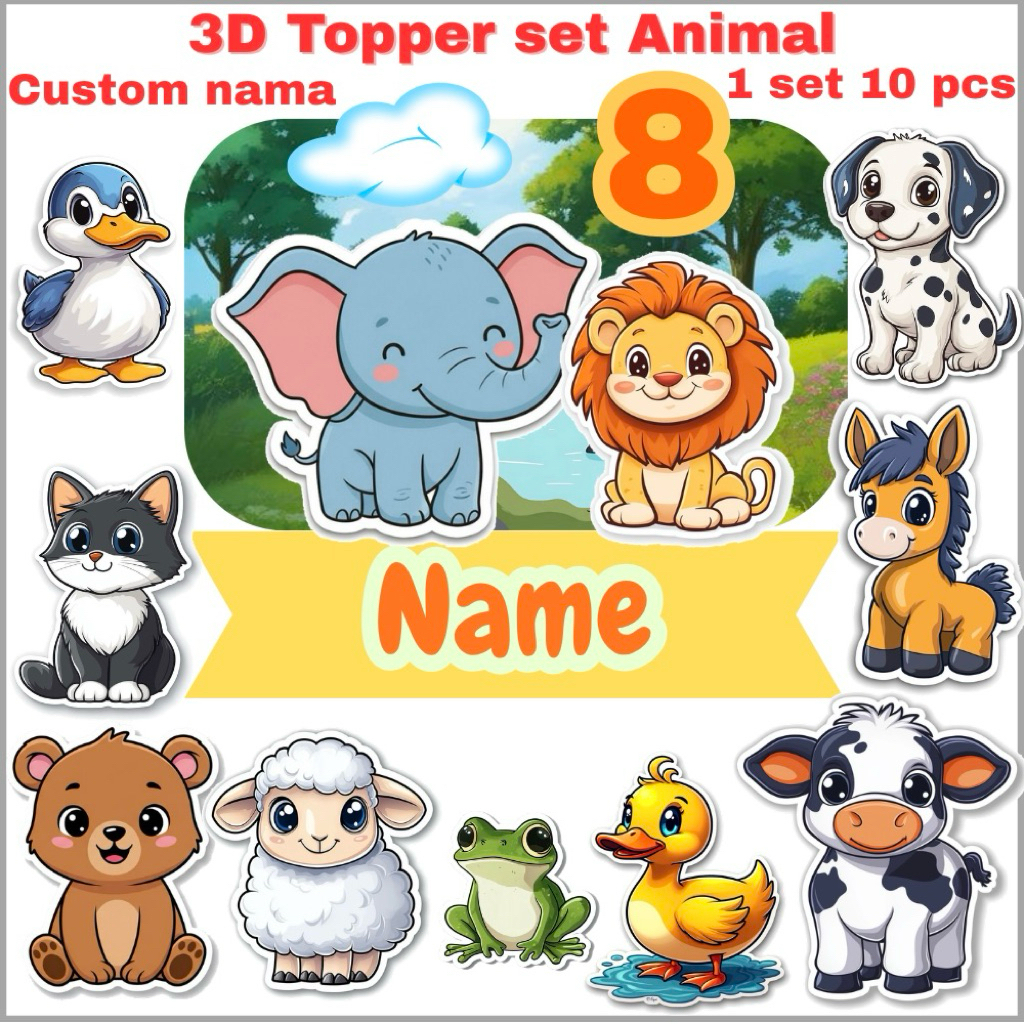 3D topper animal custom nama cake topper tema hewan