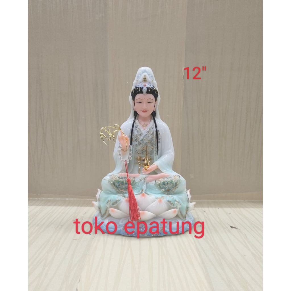 patung dewi kwan im / guan yin / kwan in - 12 inch - marmer / hpy  - putih hijau - rambut - l26