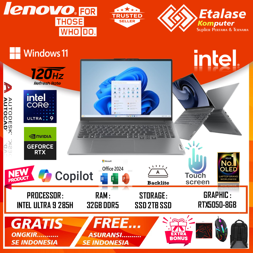 Lenovo IdeaPad Pro 5 Intel Ultra 9 RTX5050-8GB RAM 32GB 2TB SSD 2.8K OLED TOUCH 120Hz Win 11