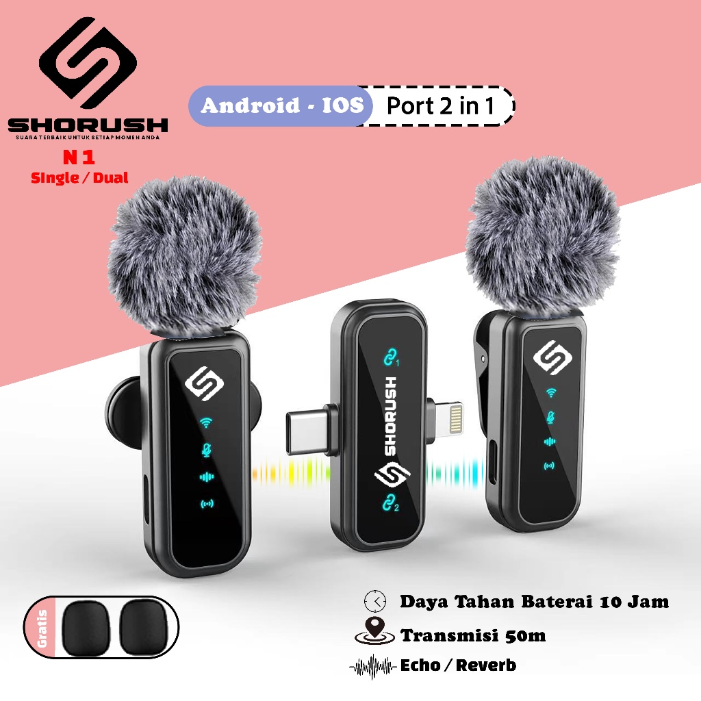 Shorush N1 2 In 1 Single Dual Wireless Microphone Clip On Mic Portable Android Iphone Microphone Mik